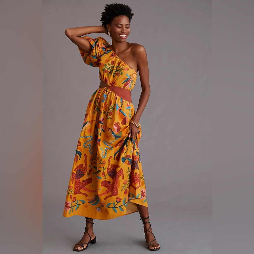 Farm Rio x Anthropologie One-Shoulder Maxi Dress Colorful Cut Out Puff …